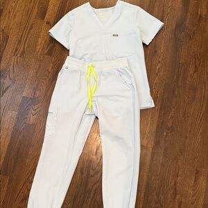 FIGS Light Blue scrubSet with Yellow Drawstring